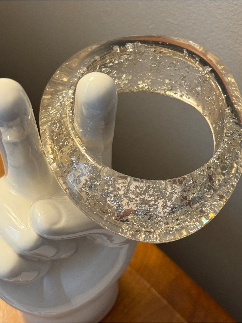 Clear Modernist Chunky Lucite Bangle Bracelet with Silver Flakes - Picture 8 of 13